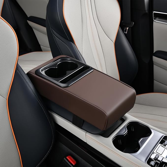 Center Console Booster Cover Car Armrest Box Pad Leather Arm Rest Cushion with Cup Holder Mobile Phone Storage Armrest Protection Pad for Car (Pure Coffee, 13.58 * 8.07 * 2.95 inch)