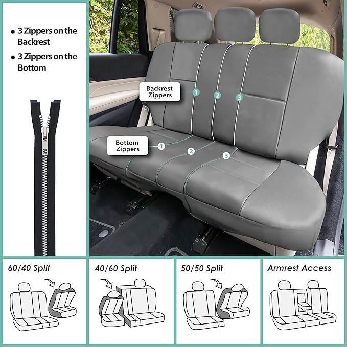 FH Group PU002-1010 Classic Exquisite Leather Bench Seat Covers, Split Bench, Solid Grey Color- Fit Most Car, Truck, SUV, or Van