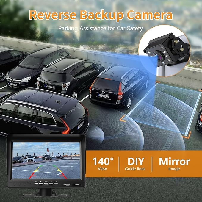7" 1080P Wired Truck Backup Camera System, IP68 Waterproof Rear View Camera with Wide Angle View, Night Vision Reverse Camera for RV Trailer 12V-24V