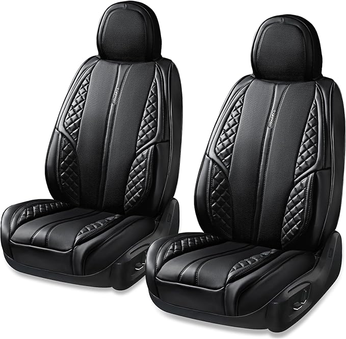 CAR PASS Nappa Leather Car Seat Covers Front Seats Only, Luxury PU Leatherette Seat Covers 2 Pack Waterproof Durable Car Seats Cushion Protector Universal Fit for Sedan SUV Pick-up Truck Van All Black