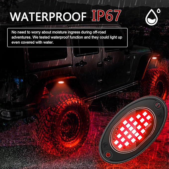 4 PCS LED Rock Lights, Super Bright Neon Underglow Lights, Waterproof Ambient Underglow Light Kit, Universal Undercar Neon Light Kit for Pickup Off Road RZR SUV ATV UTV Car (Red)