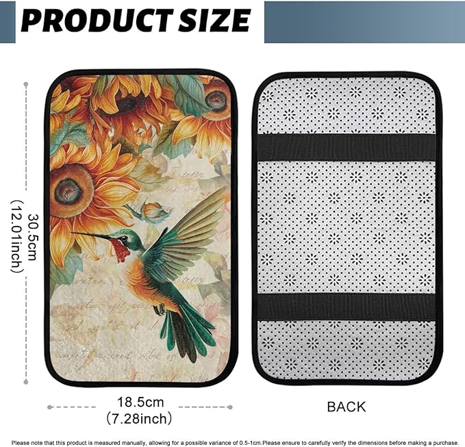 Sunflower Hummingbird Middle Console Covers Non-Slip Flannel Armrest Cover for Car Easy Install Arm Rest Lid Protector Cushion Fit for Cars Truck SUV or Vans