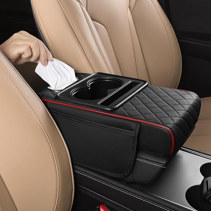 FREESOO Car Center Console Cover, Leather Armrest Cover for Car, Universal Middle Console Cushion with Storage Box, Cup Holder, Tissue Box & Phone Slot, Waterproof Interior Accessories, Black Red