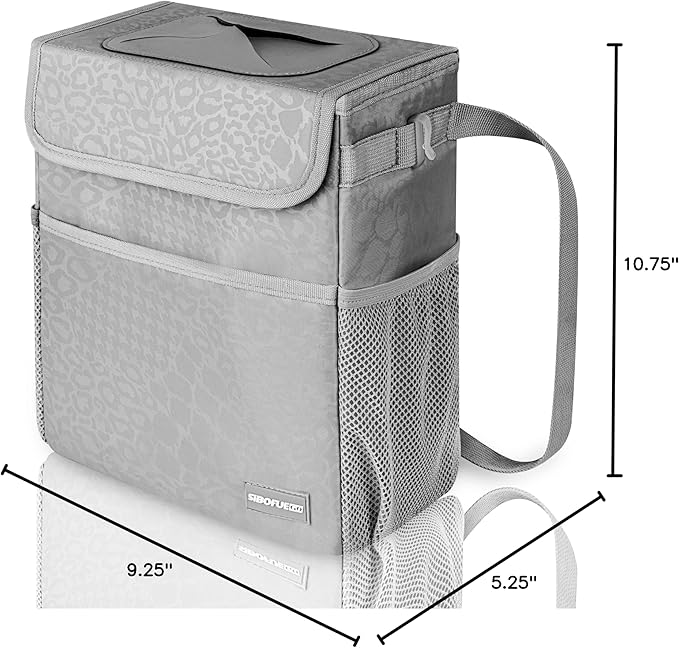 SIBOFUEGO Car Trash Can Cute - Car Accessory for Garbage and Storage, Adjustable and Collapsible Car Garbage Can, Waterproof and 100% Leak-Proof Car Trash Bin with Lid, 2 Gallons (Leopard-Print Gray)
