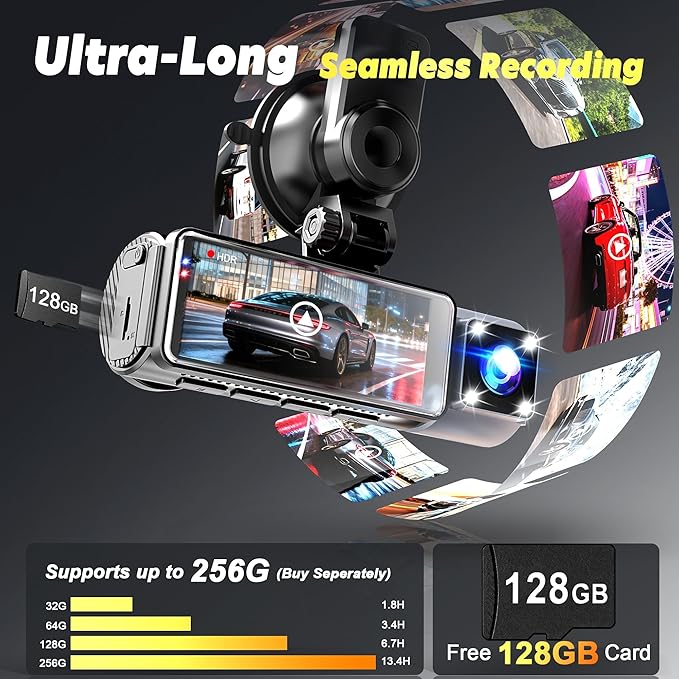 4K+2K+2K 3 Channel Dash Cam Front and Rear with 128GB Card, Dash Camera for Cars 5.8G/2.4G Dual WiFi, Built-in GPS, Night Vision, WDR, 170°Wide Angle, Emergency Lock, 24H Parking Monitor, Deep Black