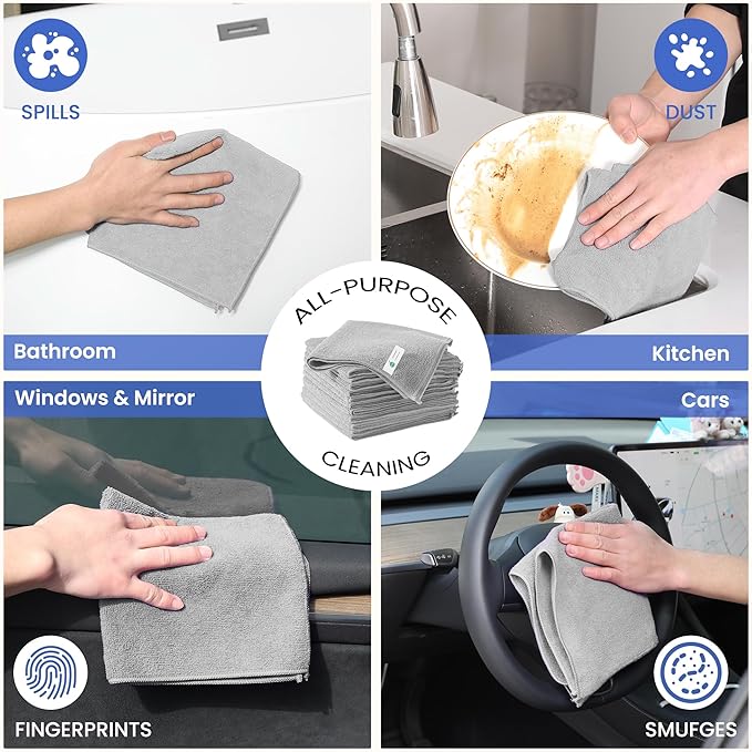 Microfiber Cleaning Cloths-12 Pack,Microfiber Towels for Cars & Kitchen,Highly Absorbent Cleaning Towel,Lint Free Streak Free Rags for House,Window,Grey(12.2"x12.2")