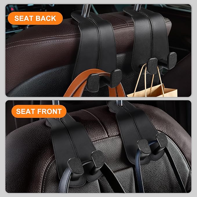 CoBak Extra Wide Car Seat Back Hooks, Premium Stitched Leather Headrest Hangers with Wide Slot Structure, Universal for Any-Width Purses, Handbags, Bags (2 Pack), Black