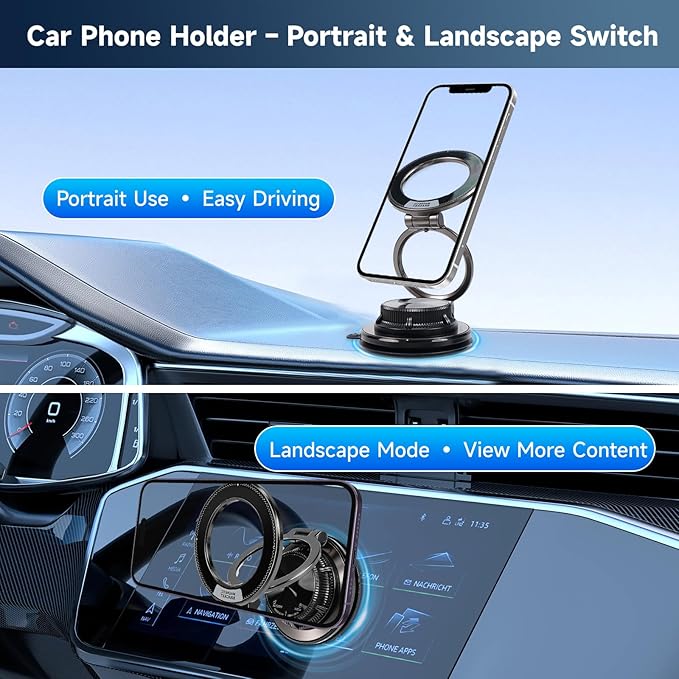 Magnetic Car Phone Holder, 360° Adjustable Suction Cup Universal Phone Mount, Multi-Scene for Car Office Gym Home, Compatible with iPhone 17/16 Pro Max & Other Magnetic Phones (Black)