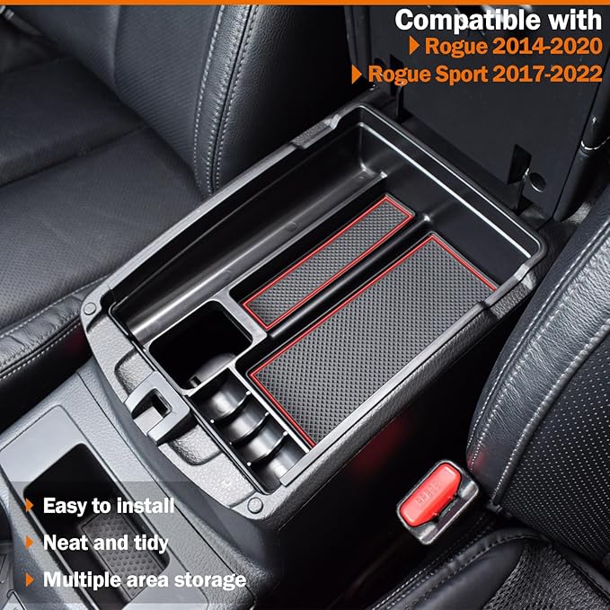 TACORBO Center Console Tray Compatible with Nissan Rogue 2014-2020 and Rogue Sport 2017-2022 Accessories, Armrest Secondary Storage Box, Interior Insert Tray, Red Trim