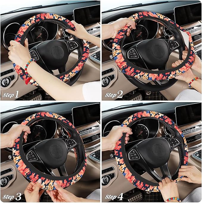 Colorful Small Flowers Car Steering Wheel Cover, Non-Slip Absorbing Sweat Car Wheel Cover Accessories for Men Women,Universal 15" Fit Auto SUV Vans Trucks