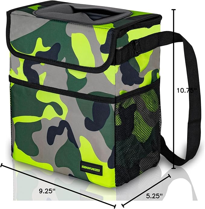SIBOFUEGO Cute Car Trash Can with Lid โ Multipurpose Collapsible Trash Bin for Car, Leak-Proof Organizer, Waterproof Garbage Can with Storage Pockets & Adjustable Straps, 2 Gallons (Camo Green)
