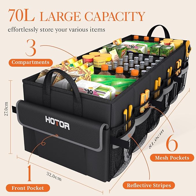 HOTOR Trunk Organizer - Car Organizer with 5 Pockets, Trunk organizer for SUV, Sedan & Van, Car Organization with Sturdy Base Panel for Car Accessories, Black, 2 Compartments, 35.4"×14.2"×10.6"