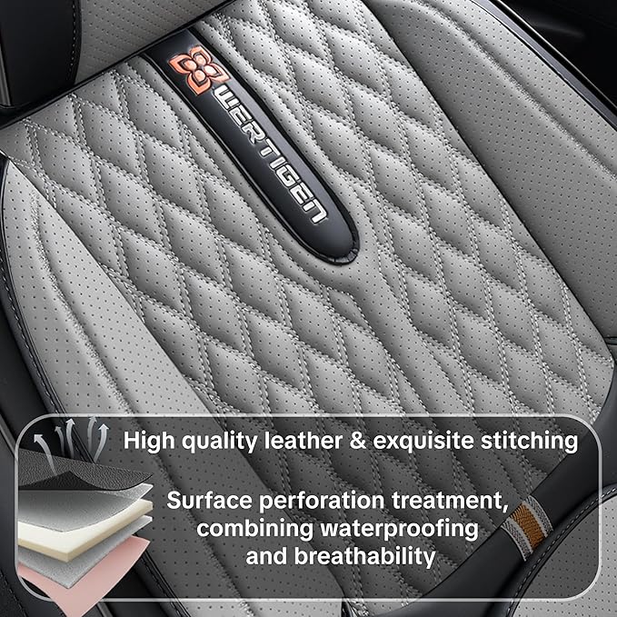 Car Seat Cover Set, Black and Gray, Automotive Interior Accessories, with Lumbar Support, Premium Nappa Leather, Waterproof, Protects and Upgrades Your Car Interior, Fits Most Vehicles