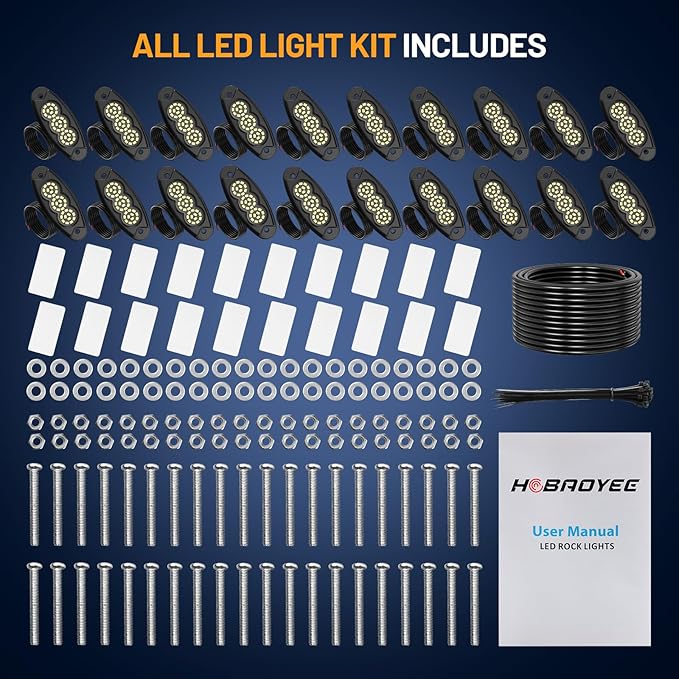 20 Pods White Rock Lights, 36 LEDs 6500K Ultra Bright IP68 Waterproof Underbody Lights for Car Truck Pickup Boat RV RZR ATV with 32.8ft Extension Wire