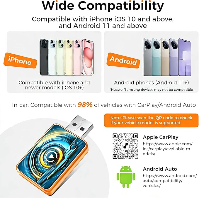 2026 Wireless Carplay Adapter for Apple iPhone & Android,Multi-User, No Latency - Convert Wired to Wireless Car Play Adapter for iOS 10+/Android 11+/Type-C Port