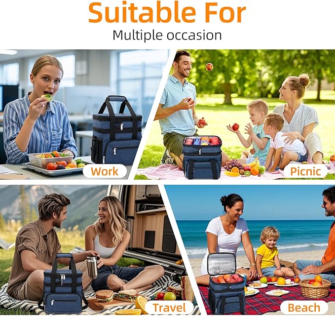 Insulated Lunch Box for Men & Women - Double Layer Leakproof Lunch Bag with Adjustable Shoulder Strap, Expandable Food Cooler for Work, Office, Travel, Camping (Dark Blue)