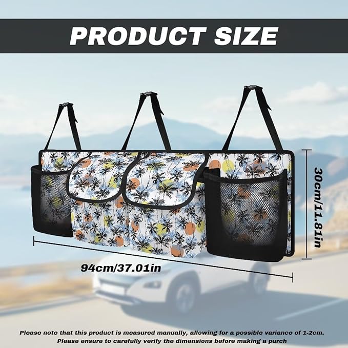 Palm Print Trunk Hanging Organizer, Backseat Bag, Car Interior Accessories with 2 Pockets & 2 Mesh Pouches for Groceries, Will Provide More Storage Trunk Space for SUV, Jeep, MPVs