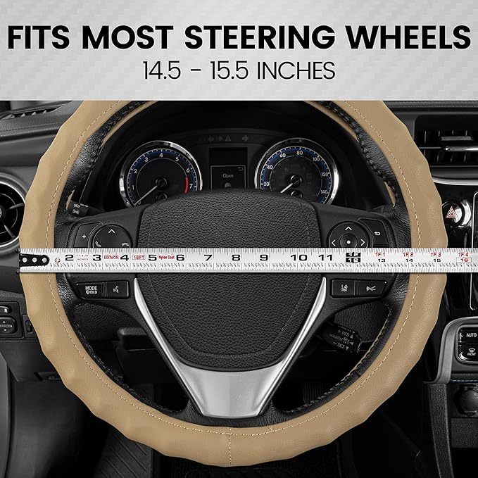 BDK Genuine Beige Leather Steering Wheel Cover for Car, Medium (14.5" - 15.5") – Ergonomic Comfort Grip for Men & Women, Universal Fit Car Steering Wheel Cover for Most Vehicles