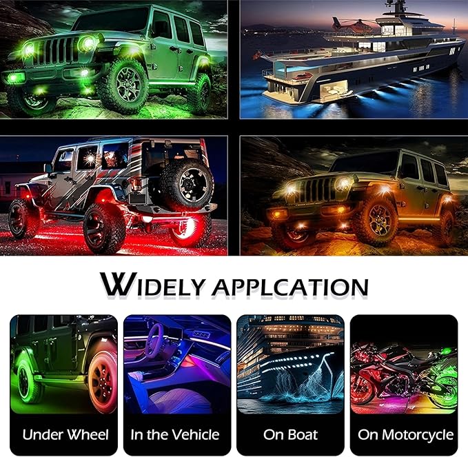 4 PCS RGB LED Rock Lights, LEDs High Brightness Waterproof Neon underglow Kit with Bluetooth App Control Flashing Music Mode, Wheel Well Light for Trucks, SUV, Golf Cart, ATV, Pickup