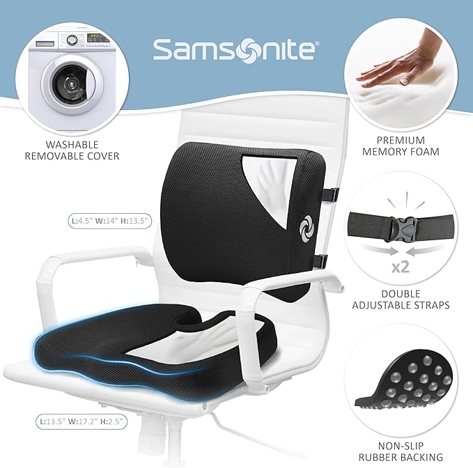 Samsonite Ergonomic Seat Cushion and Lumbar Support Cushion Combo, Memory Foam Office Chair for Back Support, Car Seat and Wheelchair Ergonomic Pillow, Premium Home and Office Desk Accessories
