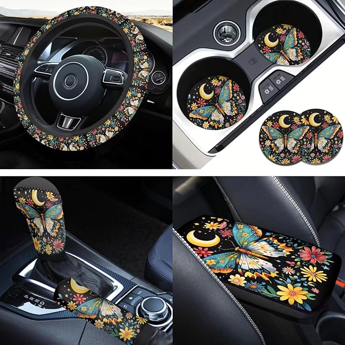 Butterfly Print Car Steering Wheel Cover 6 Pcs Flower Funny Car Interior Decor Cup Coaster Armrest Cover Fits Most Cars Trucks Vans and SUV