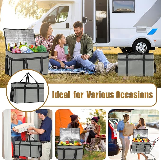 PEASUG 2PCS Insulated Bags for Food Delivery, XXXL Pizza Delivery Bags, Large Capacity Cooler Bag Keep Food Warm for Grocery Shopping and Catering, Foldable, Heavy-Duty (Grey)