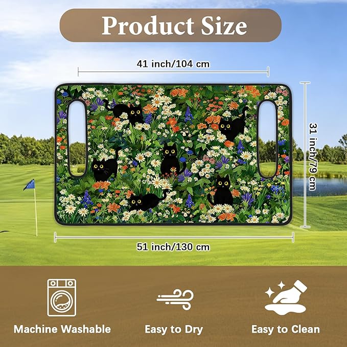 Green Golf Cart Seat Covers, Black Cat Flower Golf Cart Seat Towel Blanket for Club Car, Golf Cart Accessories, Keep Seat Comfortable and Cool for 2-Seat Golfs Carts, Gifts for Christmas Thanksgiving