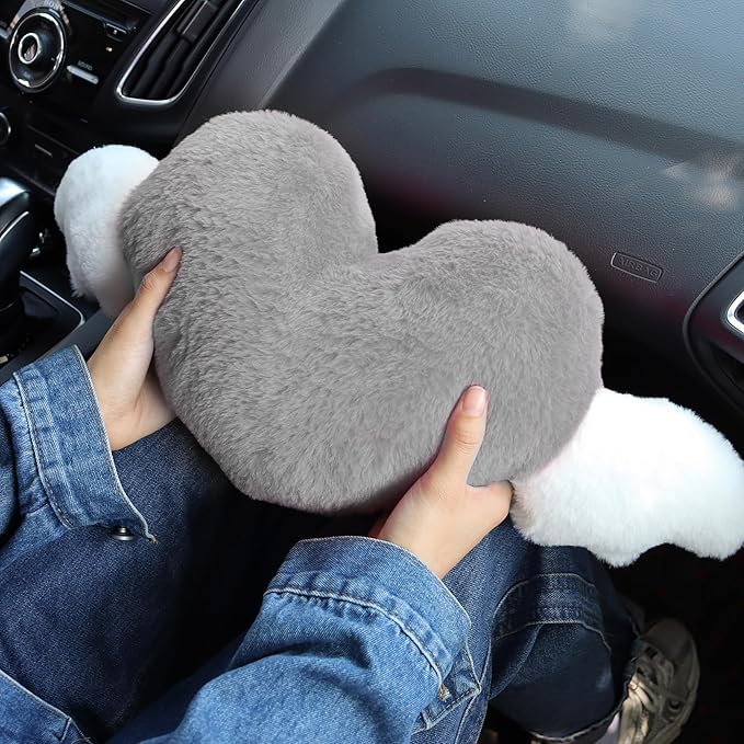 2 Pack Heart Shaped Cute Car Headrest Pillow with Angel Wings - Comfortable Soft Head Rest Cushion Kawaii Car Accessories Neck Pillow for Driving Travelling Office Home Decor - Grey Love Heart