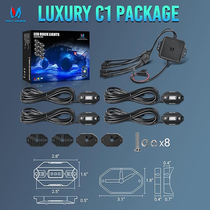 MICTUNING C1 4 Pods RGBW LED Rock Lights - Multicolor Underglow Neon Light Kit with Bluetooth Controller, Music Mode