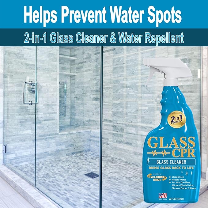 Glass CPR 2-in-1 Glass Cleaner & Water Repellent (22oz) + 2 Microfiber Applicator Towels | Deep Cleaning for Glass, Mirrors, Windows, Windshields, Shower Doors