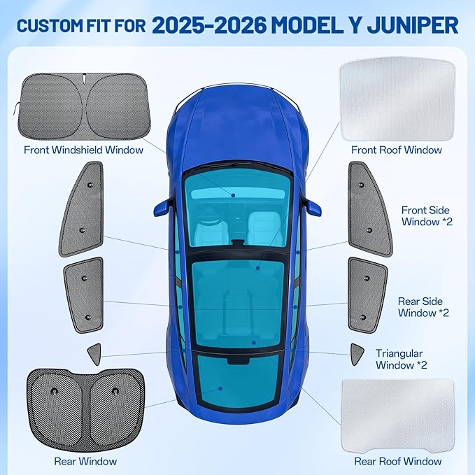 10PCS Sunshade Roof & Full Windshield Side Window for Tesla Model Y Juniper 2025-2026, Foldable Window Shades with Suction Cups, Sunroof Cover with No-Sag Design, Heat Insulation Privacy Camping