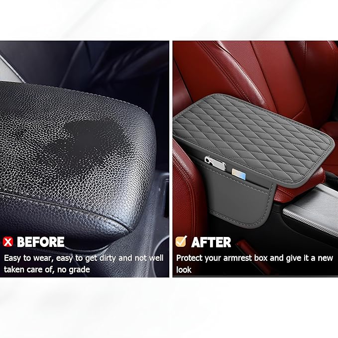Car Center Console Cover, Leather Vehicle Armrest Seat Box Cushion Pad with Storage Bags, Waterproof Automotive Middle Console Protector, Universal for SUV RV Truck (Gray)