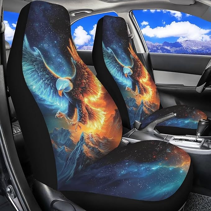 ELEQIN Flame Eagle Car Seat Covers Two Front Only for Car, Automotive Interior Covers, Quick Setup Universal Fit Seat Covers for Car, Truck, SUV