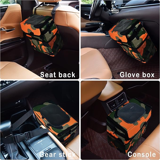 SIBOFUEGO Cute Car Trash Can with Lid โ Multipurpose Collapsible Trash Bin for Car, Leak-Proof Organizer, Waterproof Garbage Can with Storage Pockets & Adjustable Straps, 2 Gallons (Camo Orange)