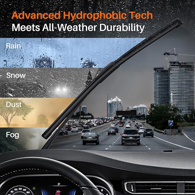 DOG TAIL Water Repellent Silicone Wiper Blades 24" 24" Set with Multiple Adapters and 2 Refills, Automotive Replacement Front Windshield Wiper Blades for My Car with Water Repellency Formula DropClear