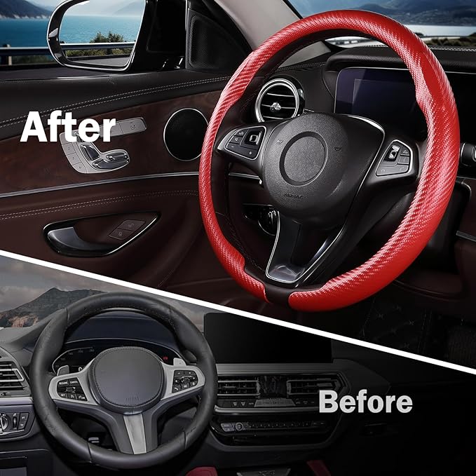 Car Steering Wheel Cover Carbon Fiber Snap On Steering Wheel Accessories Wrap 14.5-15 inch Universal Grip Anti-Skid Protector, Matte Red