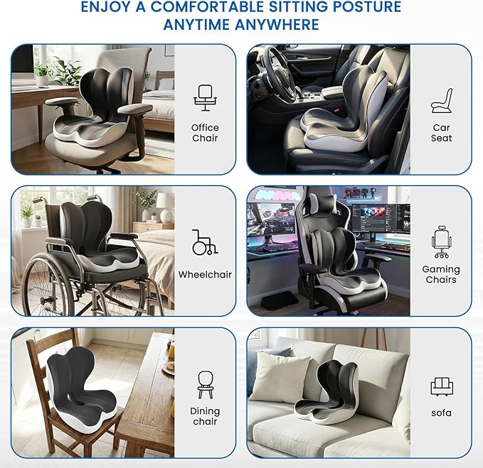 Seat Cushion, Memory Foam Car Seat Cushion with L-Shaped Ergonomic Design, Tailbone Pain & Sciatica Pain Relief Cushion for Office Chair, Car, Truck Drivers, Long Sitting and Wheelchair, 2 PCS