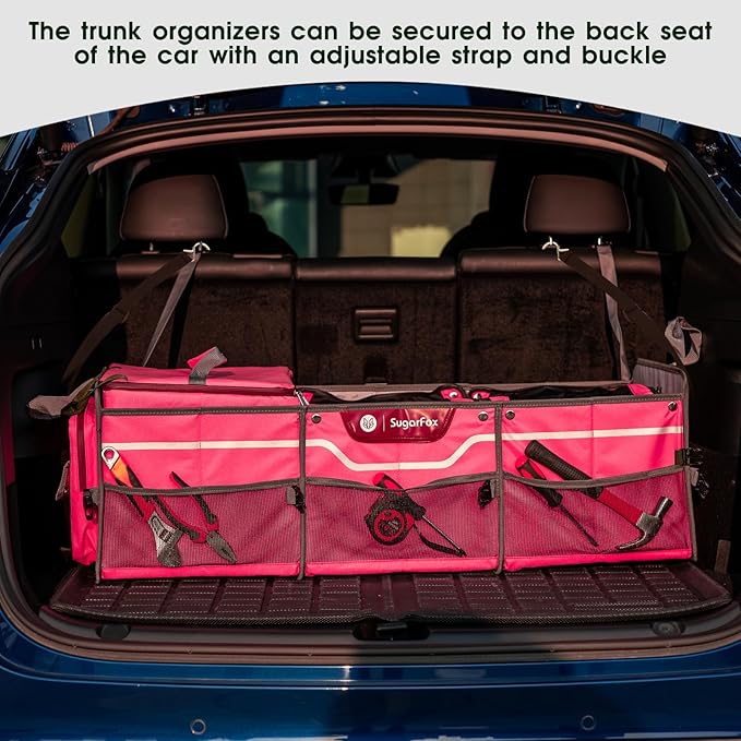 SugarFox Car Trunk Organizer for SUV, Heavy Duty Waterproof Trunk Organizer, Foldable Collapsible Car Organizer with Cooler, Multi-Compartment Large Trunk Organizer (95L), Pink-M003