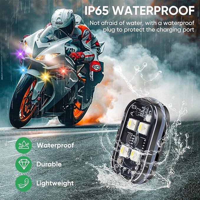 6PCS Wireless LED Lights with Remote Control, Upgraded 4LEDs 8 Colors, Interior Underglow Anti Collision Warning Strobe Light for Car Motorcycle Bike