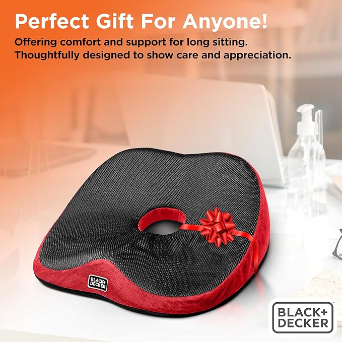 BLACK+DECKER High Back Tailbone Seat Cushion – Memory Foam Chair Cushion for Office, Car, Wheelchair & Airplane – Ergonomic, Non Slip, Breathable Mesh, Sciatic Pain Relief, Washable Cover, Purple