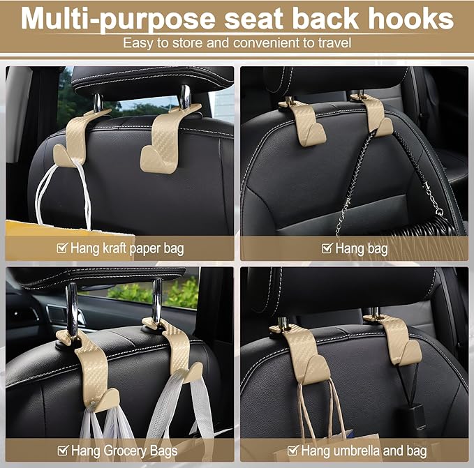 LivTee Car Purse Hook, Headrest Hook for Car, 4 Pack Universal Auto Car Seat Headrest Hook Hangers Organizer for Purse Coat Umbrellas Grocery Bags Handbag, Car Accessories - Carbon Fiber Beige