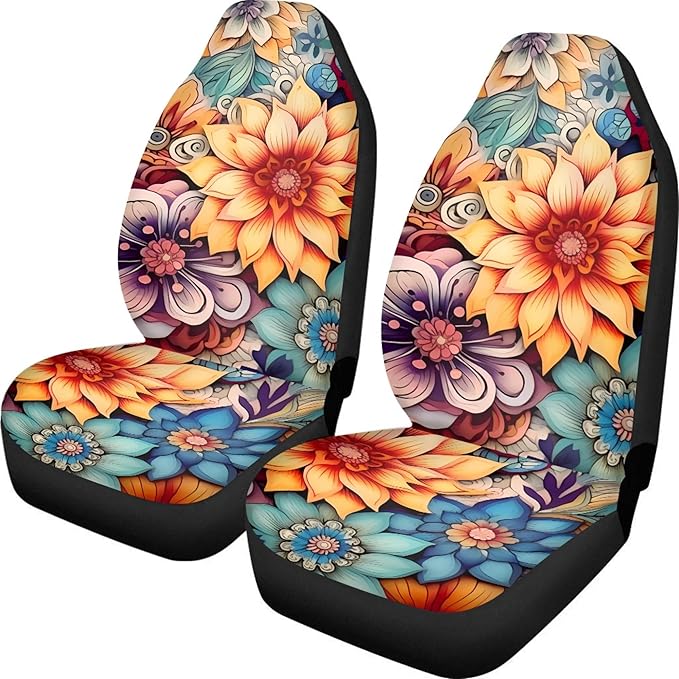 BIGCARJOB Blossoms Flower Car Seat Covers for Womens,Full Set of 2 Pcs Bohemian Floral Style Auto Front Seat Protector Durable Saddle Blanket Vehicle Seat Interior Accessories Cushion Pads