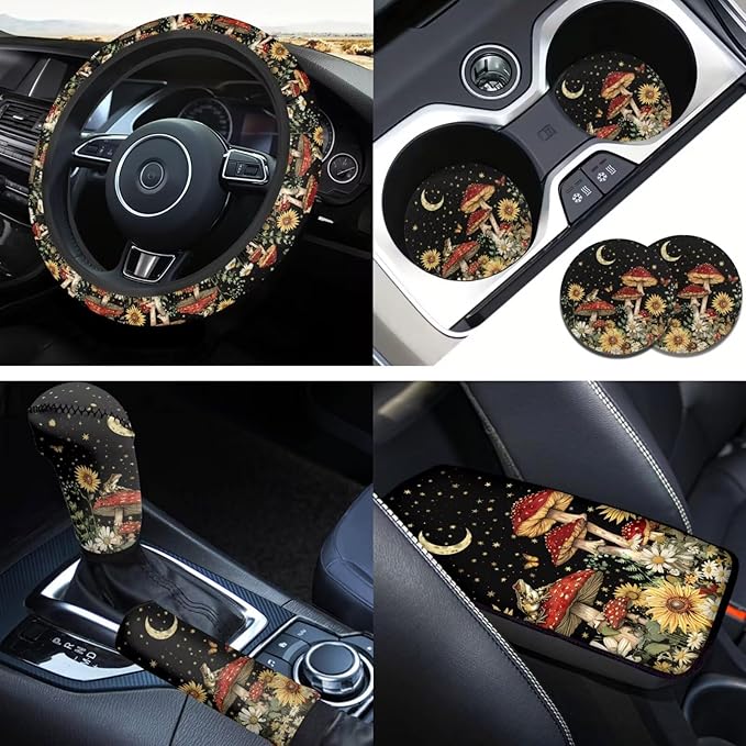 Sky Mushroom Picture 6pcs Car Steering Wheel Cover Set for Men Women Auto Interior Accessories Cup Coaster Cars Handbrake Cover Universal Fit Truck Van SUV