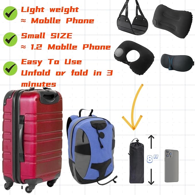 Portable Travel Sleep Comfort Set for Plane 2 Inflatable Travel Pillows,Foot Rest Hammock,Eye Mask Ear Plugs for Airplane Flight Essentials for Seat Airplane Gadgets for Sleep Comfort Kit