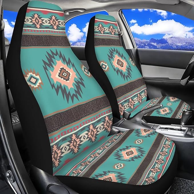 ELEQIN Car Seat Covers Universal High Back Fashion Cushion Protector for Car Truck Suvs,Sedans,Vehicles,Airbag Compatible Front Car Seat Covers 2 Pack Blue Aztec Tribal