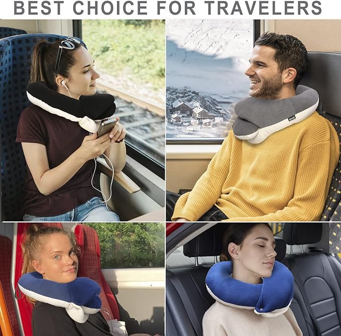 BUYUE Travel Neck Pillows for Airplanes, 360° Head Support Sleep for Long Flight, Skin-Friendly & Breathable, Kit with 3D Contoured Eye Mask, Earplugs and Storage Bag (Adult, Navy, 90+ lbs)