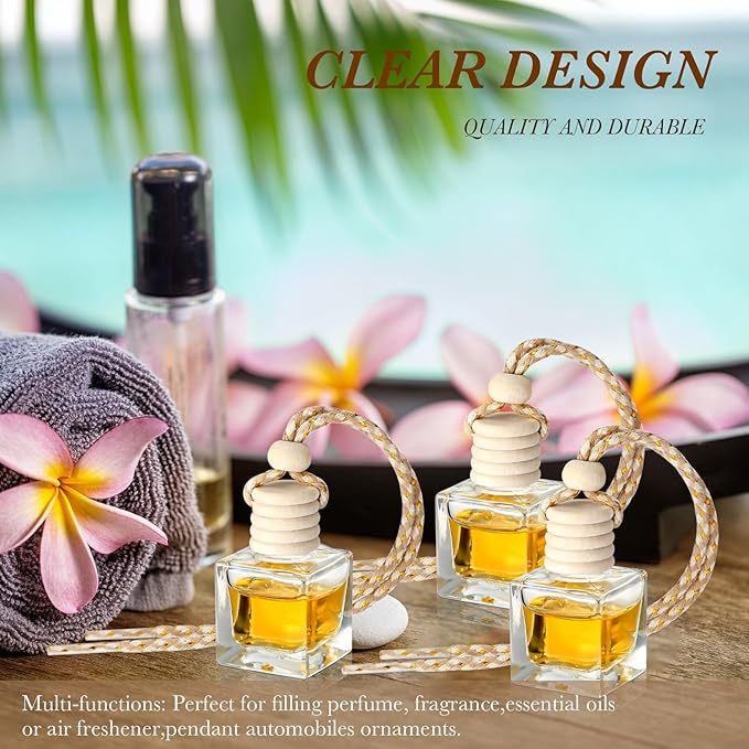 BBTO 200 Pcs Hanging Car Diffuser Bottles Bulk, Empty Clear Glass Air Freshener Bottles with Wooden Cap for Perfume Essential Oils Fragrance Aromatherapy Ornament(Square)