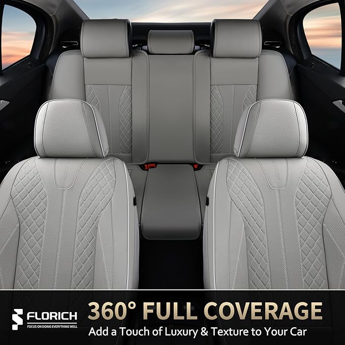 FLORICH Car Seat Covers Full Set Leather Seat Cover for Cars Full Coverage Seat Cover Waterproof Universal Seat Cover for Cars Seats Protector Cushion Universal Fit for Most Cars SUV Trucks, Gray