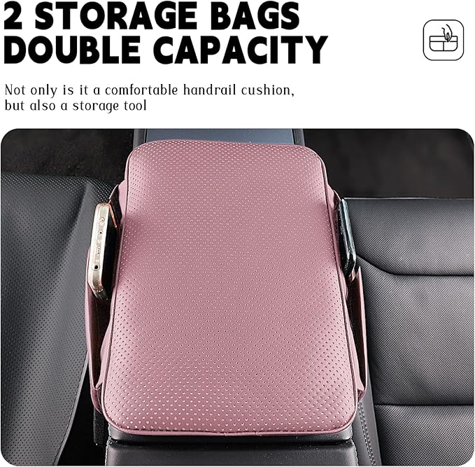 Car Armrest Cover Pad - Nappa Leather Car Center Console Cover with Breathable Holes, Non-Slip Auto Arm Rest Cushion, Universal Car Interior Accessories Fit forTesla Model Y (Pink)