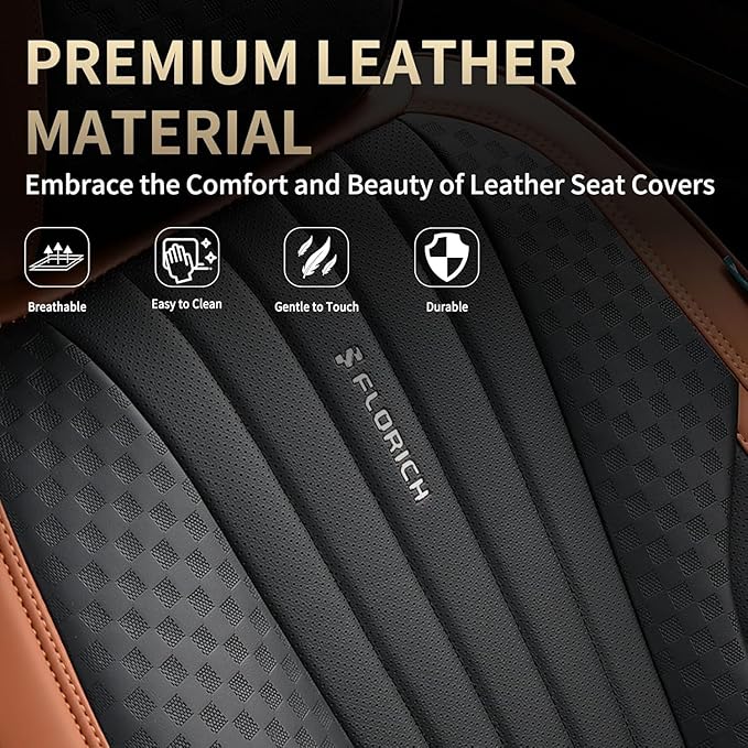 FLORICH Car Seat Covers, Premium Leatherette Car Seat Covers Full Set, Waterproof Leather Car Seat Cushion Front Seats and Back, Breathable Seat Protectors for Sedans Cars SUV Trucks - Black&Brown